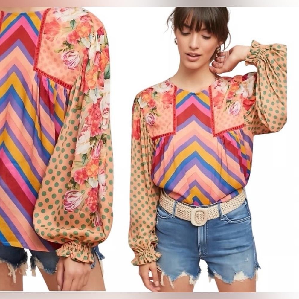 Anthropologie Blank NYC Multicolor Chevron and Floral Blouse size S, oversized.